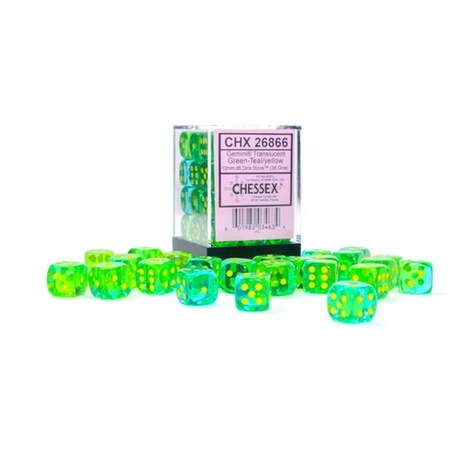 Time2Play 12 mm Gemini D6 Translucent Cube, Green, Teal & Yellow, 36PK TI3298983